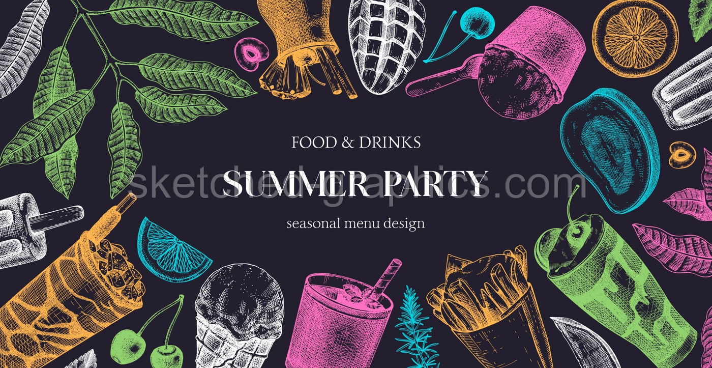 Summer party background. Non-alcoholic beverage, mocktail, ice cream, fruit, cocktail sketches. Hand drawn vector illustration. Summer food and drinks banner. Tropical frame design.  Illustration
